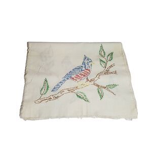 VINTAGE 1960s STAMPED BLUE JAY BIRD EMBROIDERED TABLE RUNNER PARTLY FINISHED
